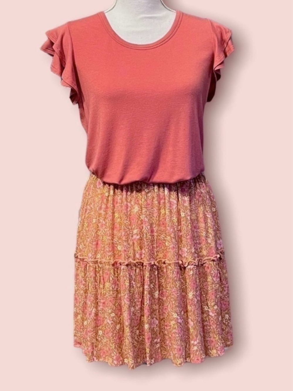 NWT Pink Rose Boho Floral Mini Skirt in Coral Elastic Waist Size S